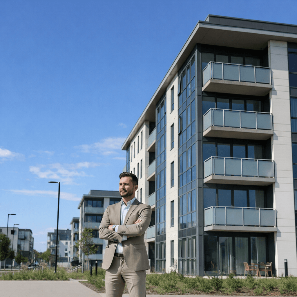Landlord standing in front of an apartment building